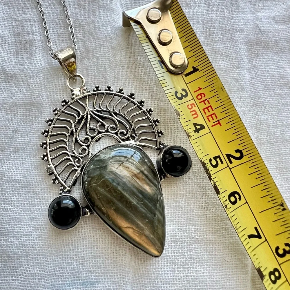 925 SUNSET FLASH Labradorite + Onyx Necklace Pendant - Picture 3 of 6